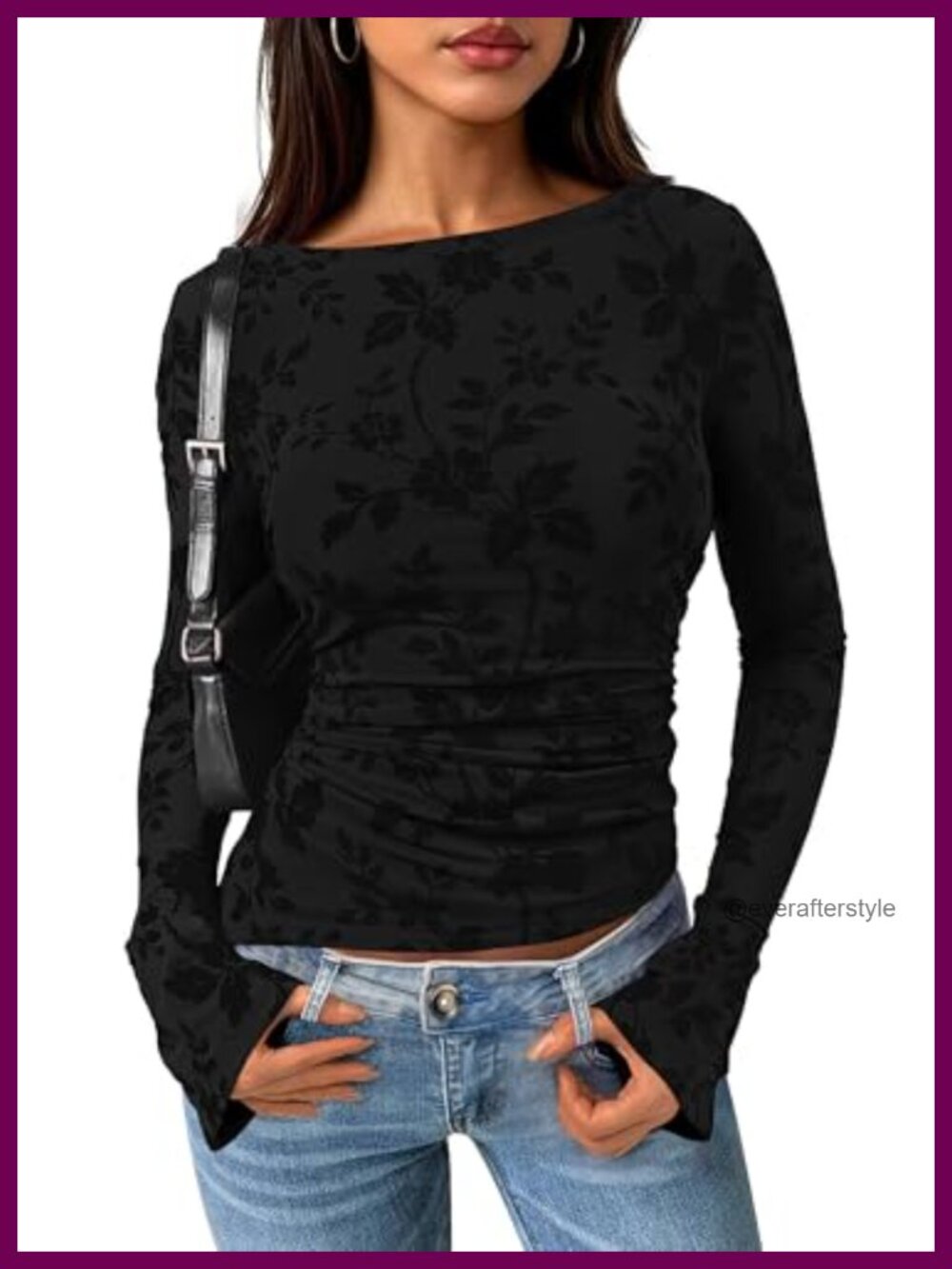 Women's Bell Sleeve Floral Mesh Blouse Boat Neck Ruched Top